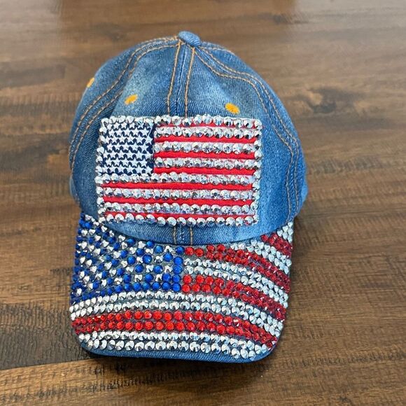 Accessories - Denim Cap with American Flag Rhinestones